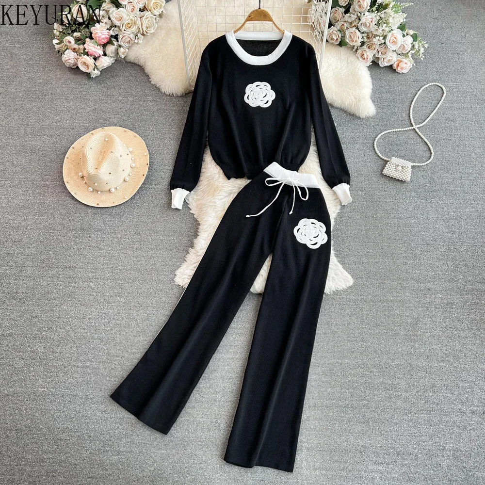 Flower Embroidery Knitted 2 Piece Women Set Winter Spring Casual Black Knitting O-Neck Sweater Long Sleeve Top + Long Pants Sets