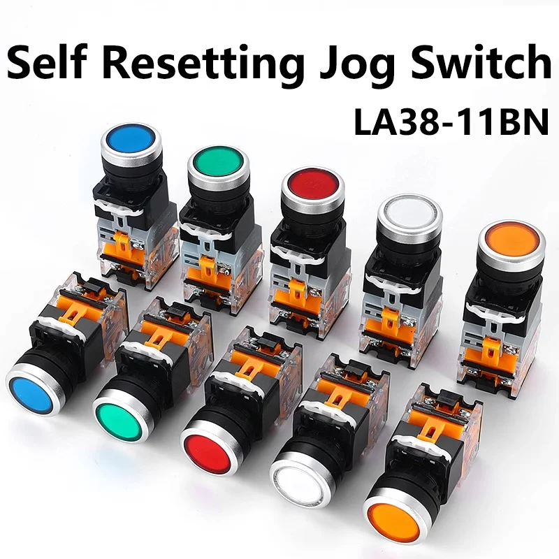 220V 22mm LA38 1NO/1NC Round self-locking Reset power button switch instantaneous switch with light LED indicator Self-recovery