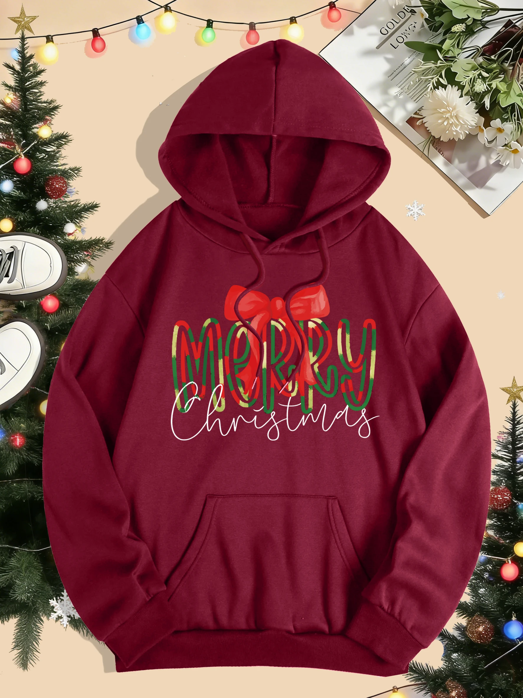 Vrolijk Kerstfeest Strik Prints Vrouwen Hoodies Herfst Winter Pocket Streetwear Losse Casual Trui Comfortabele Fleece Vrouwelijke Hoody