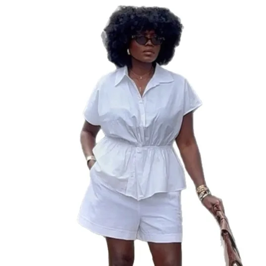 

2025 New Fashion Button Slim Shirt + Shorts Two-piece Sets Women Summer Casual Loose Shirt Pocket Shorts Set For Women