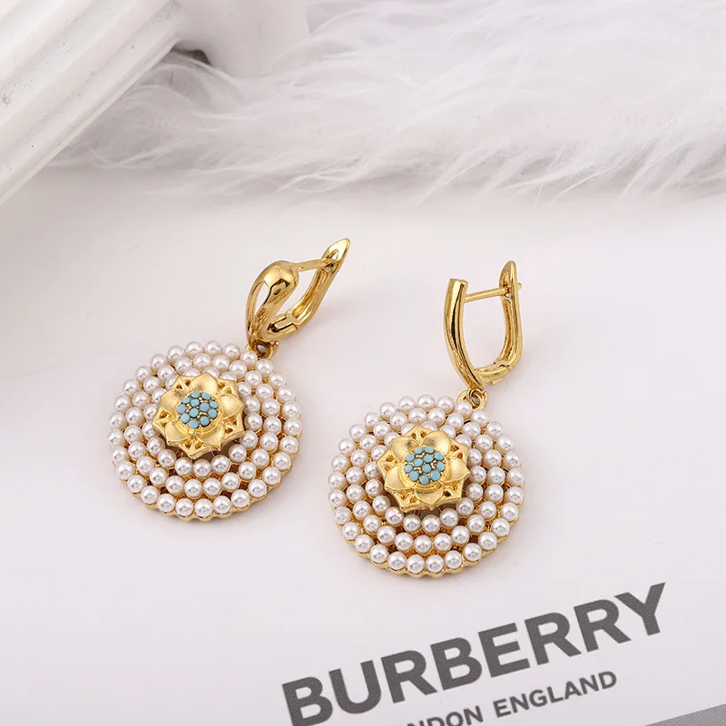 Romatic Women Fashion Gold Necklace Earring Set Pearl Sapphire Round Shape Arabic Style Party Wedding Bride Jewelry Set