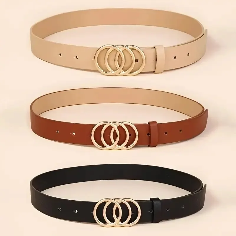 

1PC Women's Belt Trend Triple Round Buckle Belt Simple Versatile Youth Belt PU Leather Belt Paired with Jeans Dress Ladies Belts
