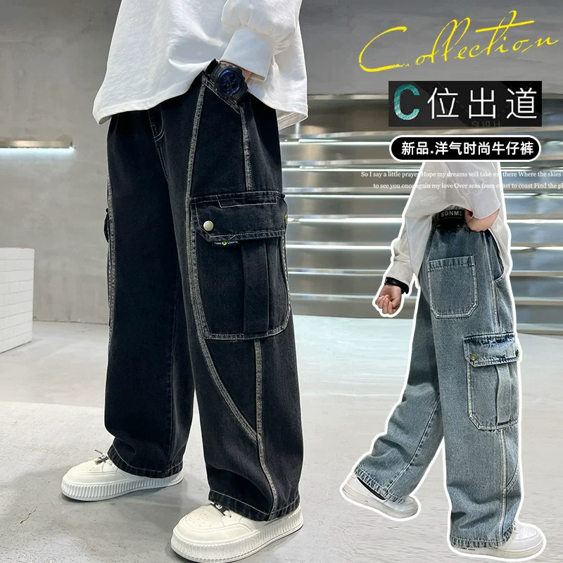New Boys\' Straight Leg Cargo Jeans Teenage Children Wide Leg Denim Pants for Kids Loose Pockets Trousers Spring Autumn 5 -15Yrs