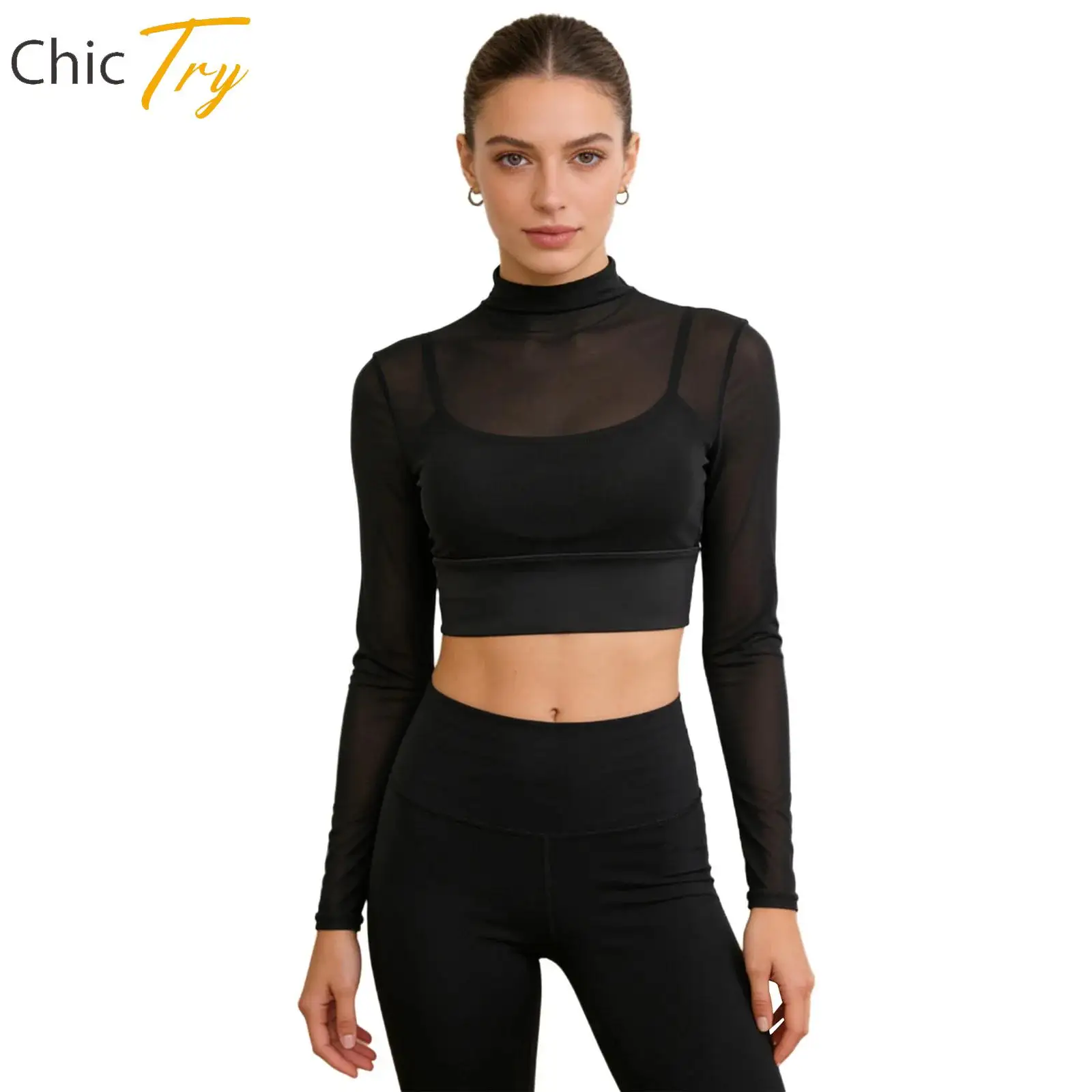 

Gym Tops Womens Sheer Mesh Tops Long Sleeves Crop Top with Built-in Padded Camisole for Pilates Sports Workout Running Cycling