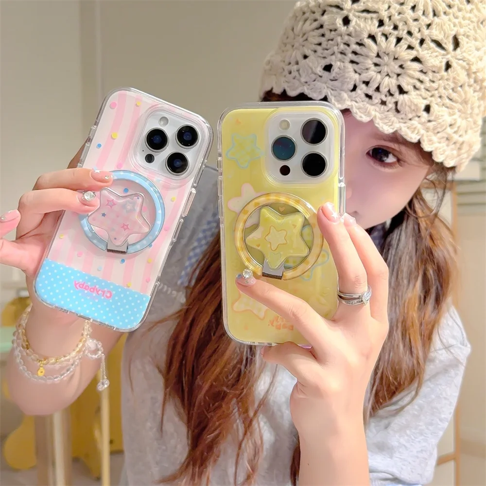 

Korean INS Stripe Polka Dots Color Stars Magnetic Stand Phone case For iPhone 13 14 15 16 Pro Max With Fold Holder Protective Co