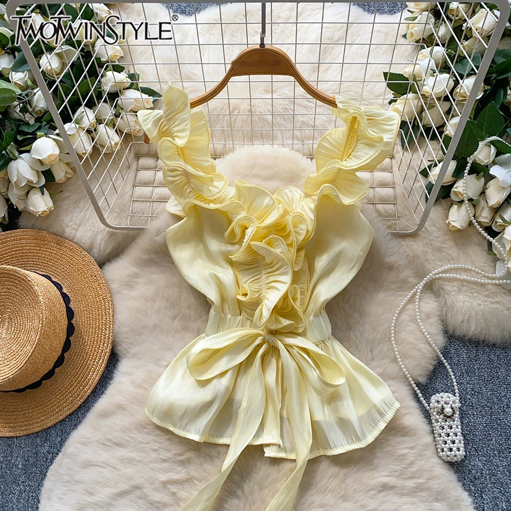 

TWOTWINSTYLE Secy однотонные сращенные жилеты на шнуровке для женщин с квадратным воротником без рукавов, летний темпераментный жилет, женский новый KVE537269