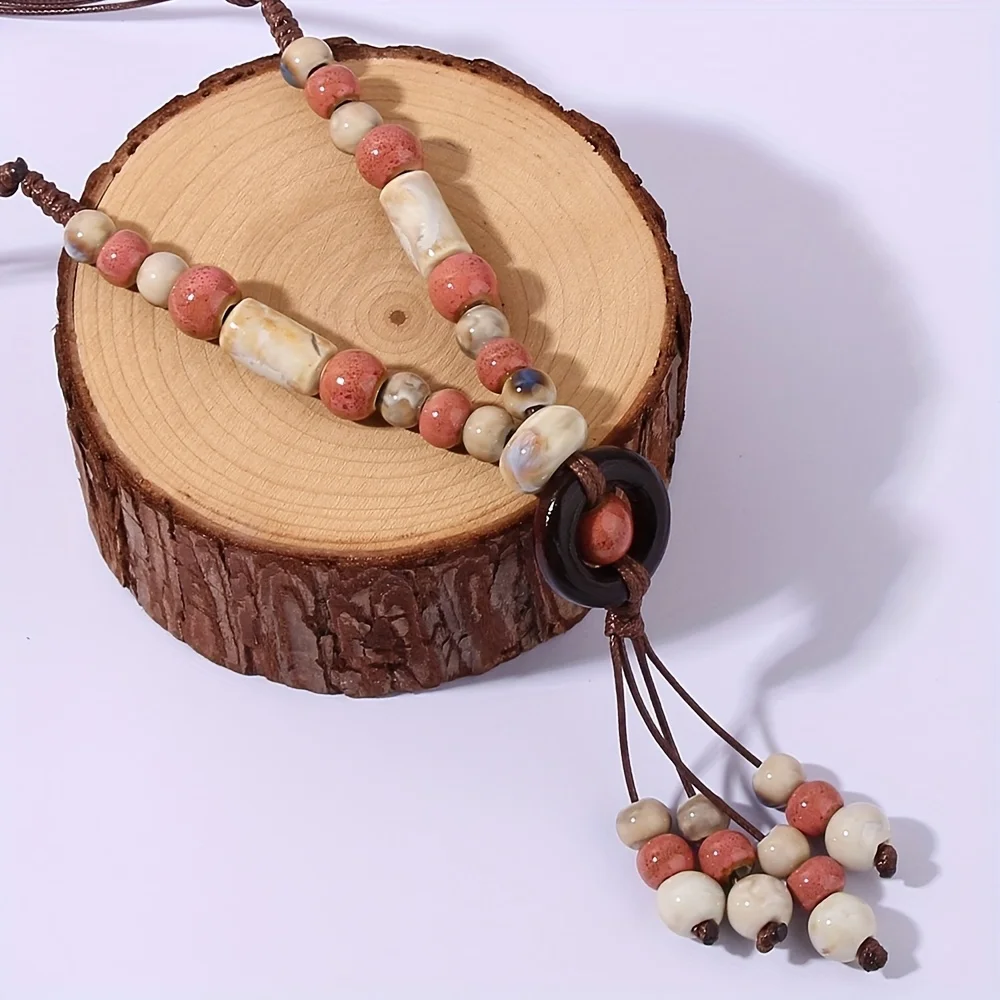 Bohemian style long ceramic tassel necklace for women, vintage and chic fashion jewelry, Bohemian ethnic style necklace