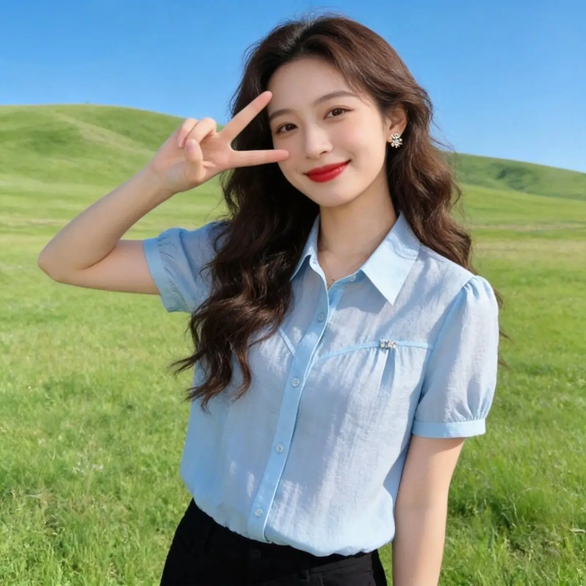 

Fashionable Short Sleeve Shirt Thin Summer Women's Top Slimming Versatile Belly Covering Shirt Collar Open Cardigan Style