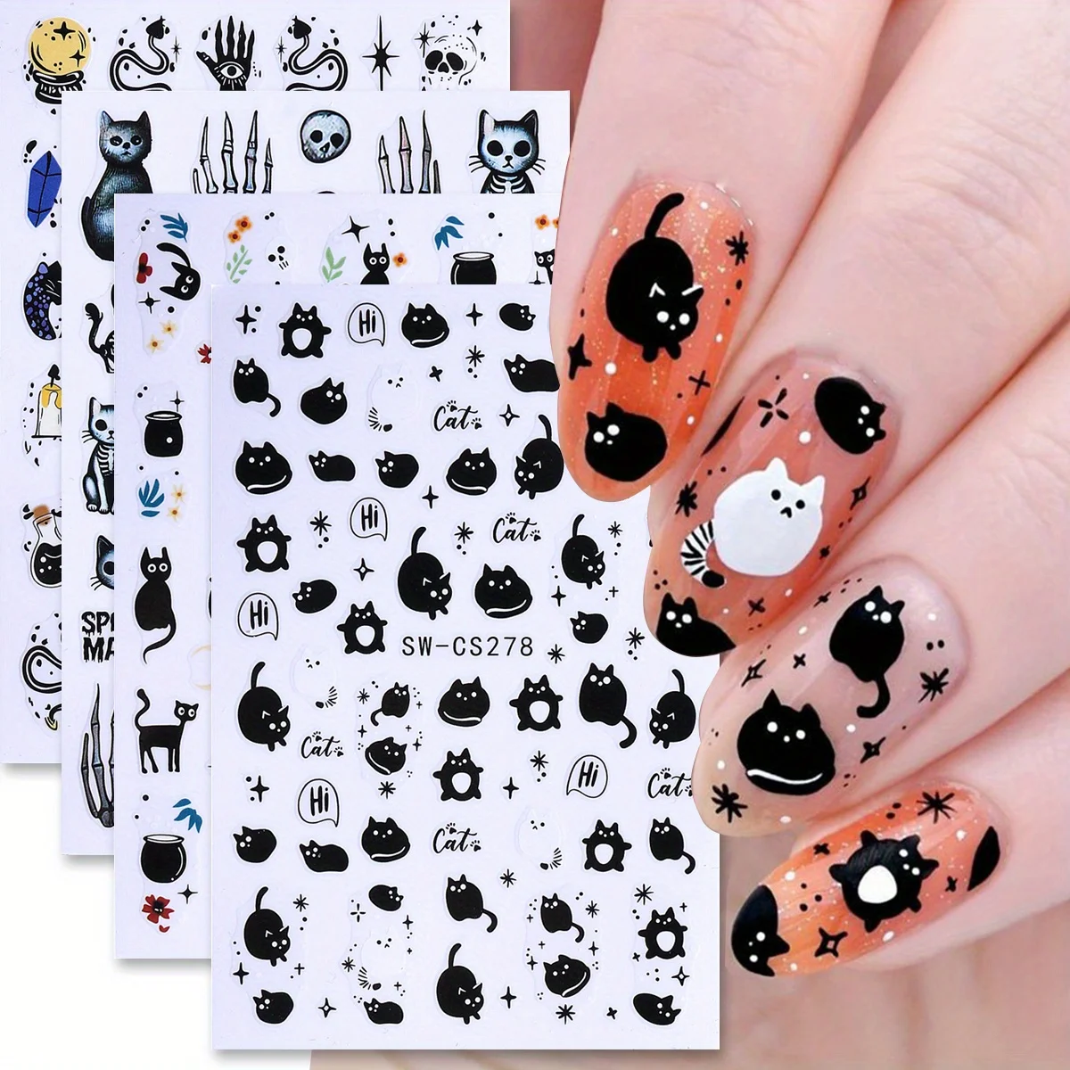 4pcs Kawaii Black Cat Nail Art Decals Skull Spooky Design Adorable Halloween Theme Foils Wraps DIY Holiday Manicure Sticker Tips