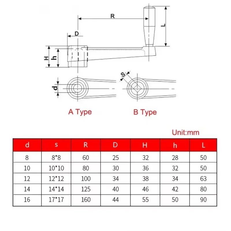 1Pcs Black Rotary-Type Foldable/ Unfoldable Plastic Crank Handle DIA8/10/12/14/16/17mm Length 63/80/100/125/160mm
