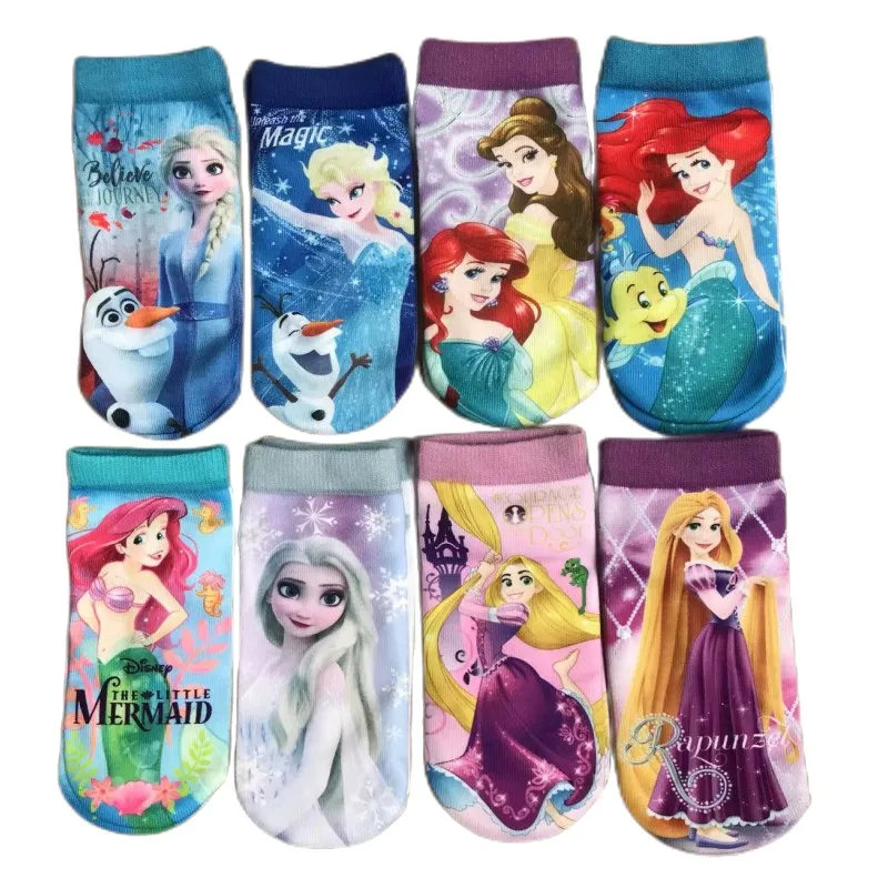 Disney Princess Socks Colorful Design Kids Socks Bright Printing Elsa Ana Mermaid Snowwhite Cartoon Socks Size 15-20cm For 3-8T