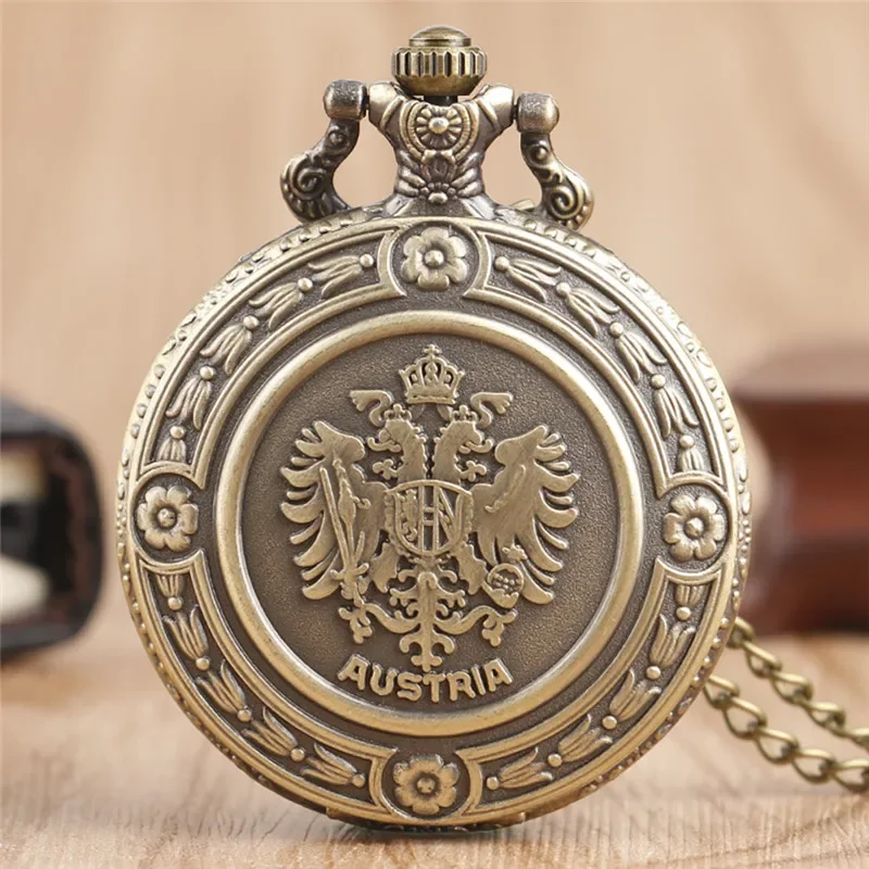 Antique Double Eagle Austria National Emblem Men Women Analog Quartz Pocket Watch Arabic Number Dial Necklace Chain Timepiece