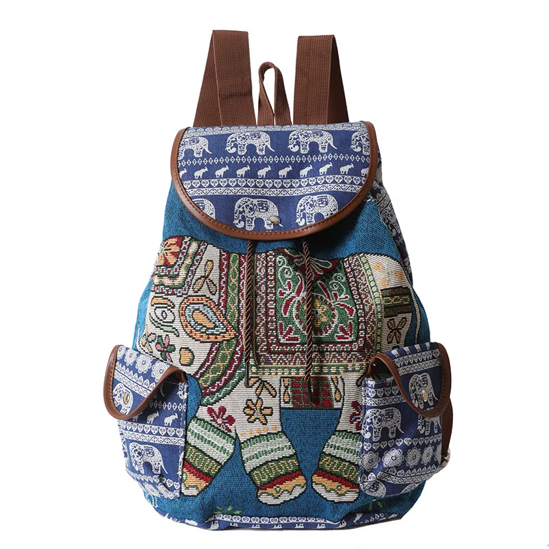 Ethnic Korean Style Bohemian Elephant Embroidery Backpack Casual Animal Drawstring Backbag Bucket Back Bag Sac A Dos Travel