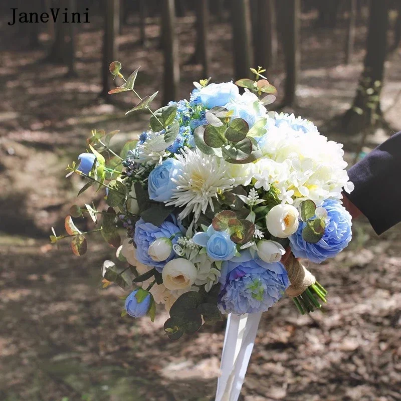 

JaneVini Elegant Blue Ivory Beach Bridal Bouquets Artificial Silk Roses Bohemian Garden Flowers Outdoor Summer Wedding Bouquet