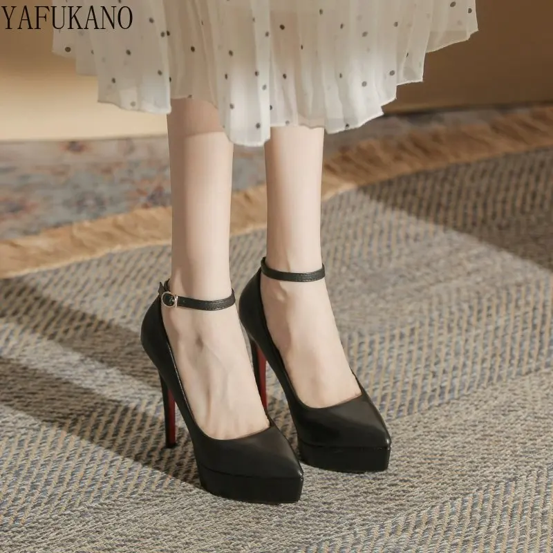 Fashion Pointed Toe Matte Ankle Strap Stiletto Platform High Heels Female Office Work Shoes 12Cm Casual Pumps Small Size 32 33