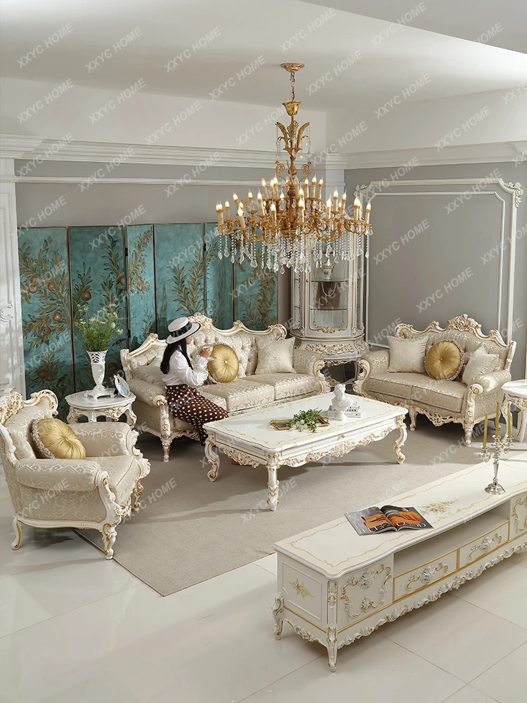 French Rococo Style Fabric Sofa Combination Living Room Solid Wood Carved Luxury European Style Furniture Cream Style