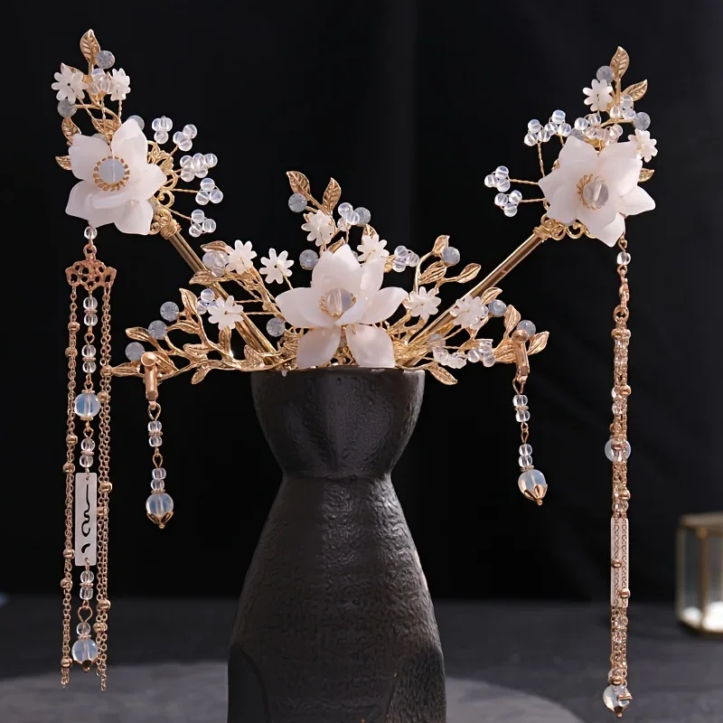 

Набор украшений для волос и ушей в китайском стиле Ханьфу: заколка-цветок, повязка на голову, серьги для женщин и девушек, свадебные аксессуары, ювелирные изделия