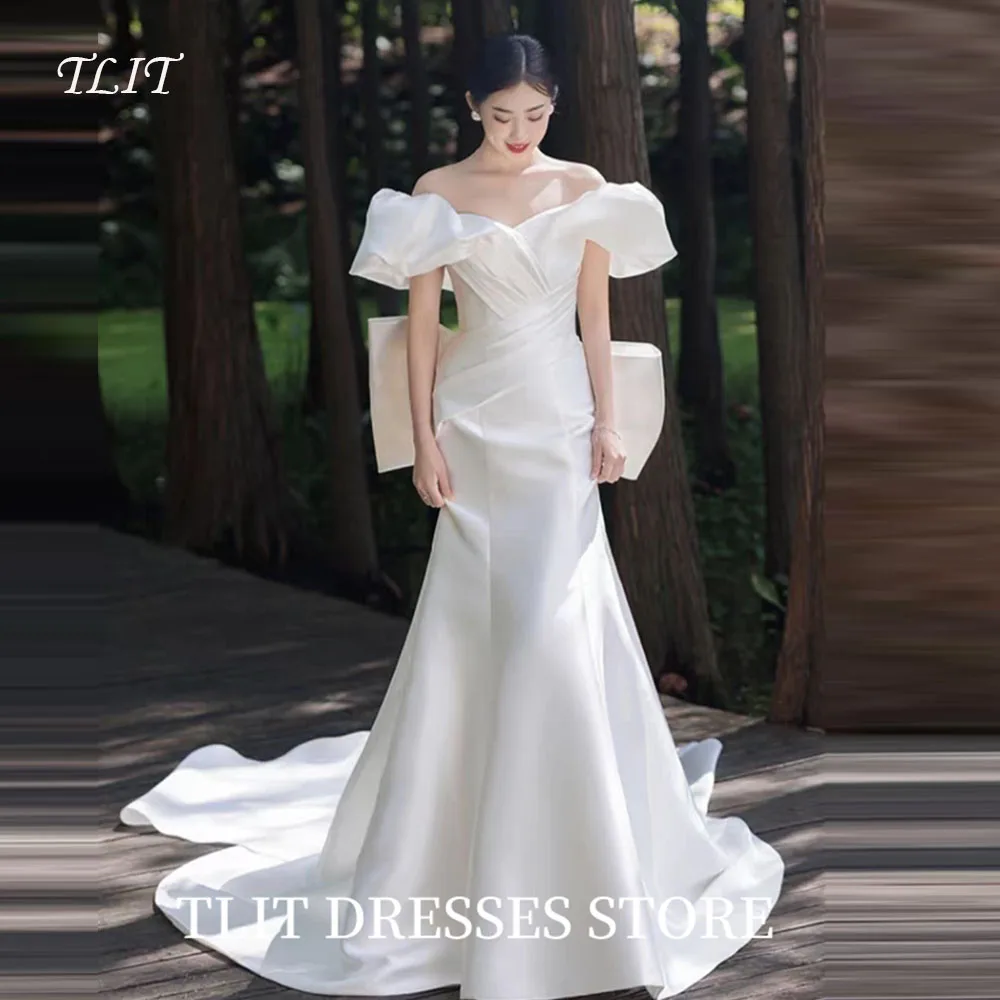 

TLIT Простое белое шелковое атласное драпированное свадебное платье без бретелек с бантом Свадебные платья Корейское свадебное платье Фотосессия по индивидуальному заказу 웨딩드레스