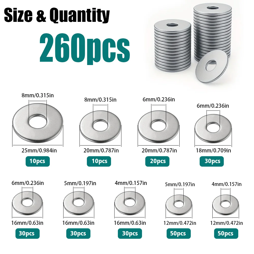 260 Large Wide-Body Stainless Steel Flat Washers M4, M5, M6, M8, for Home Maintenance, Shop Repairs, and Outdoor Building Repair