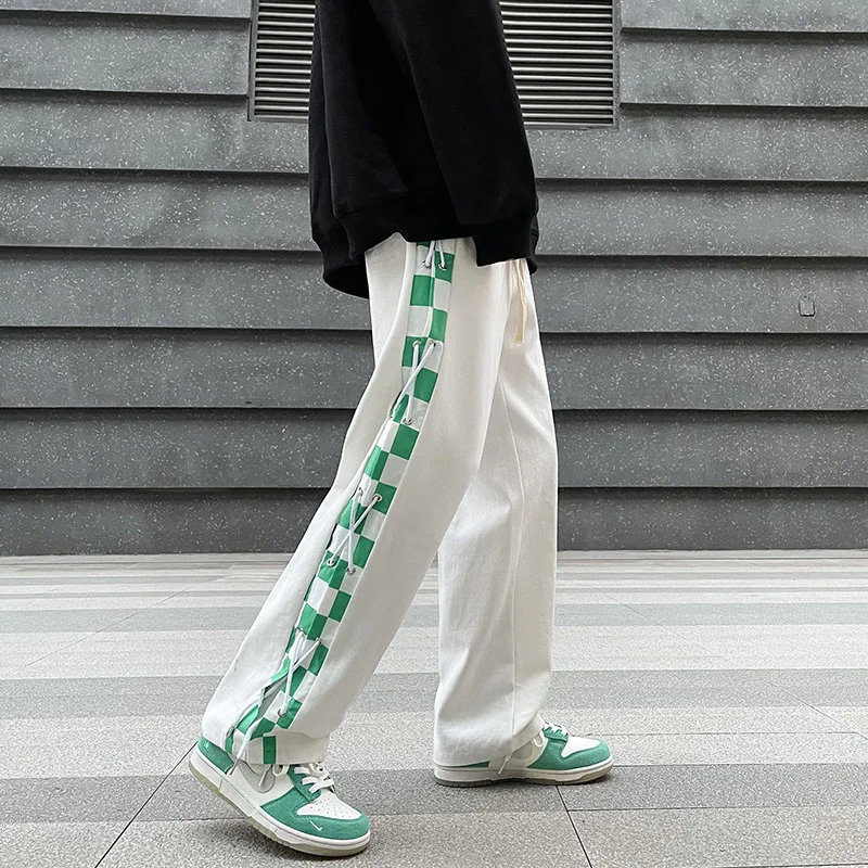 Checkerboard Drawstring Casual Pants Men Straight Loose Hip Hop Fashion Patckwork Streetwear Male All-match Trousers