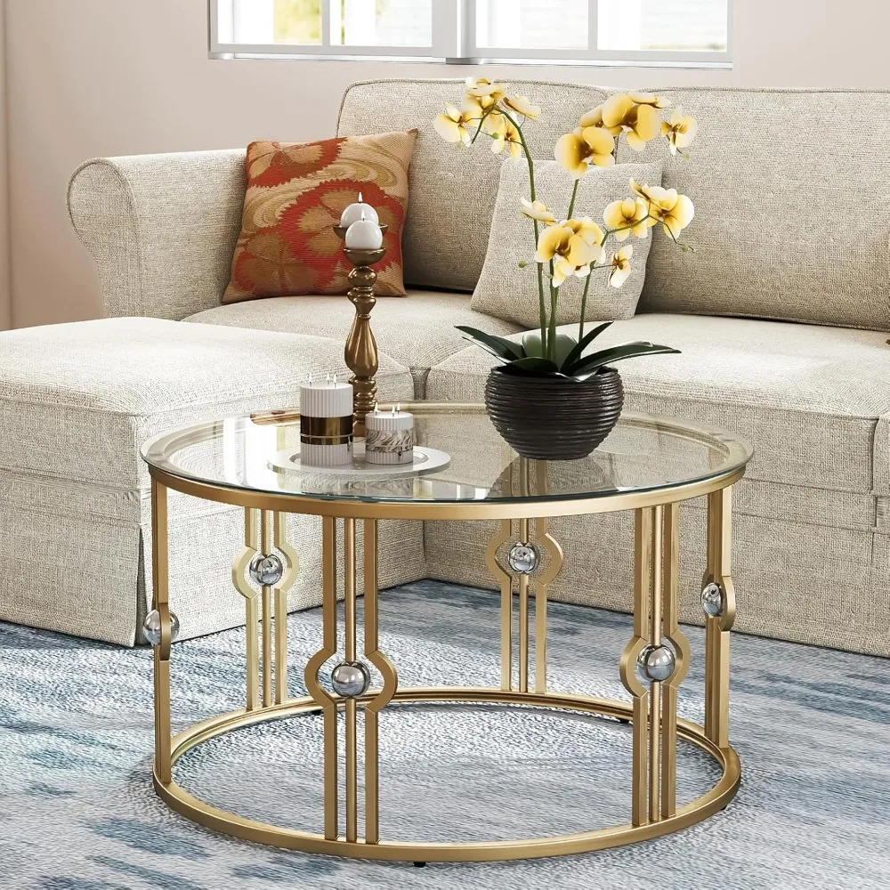

Glass Coffee Table for Living Room, Gold Coffee Table with Tempered Glass, Round Coffee Table for Office