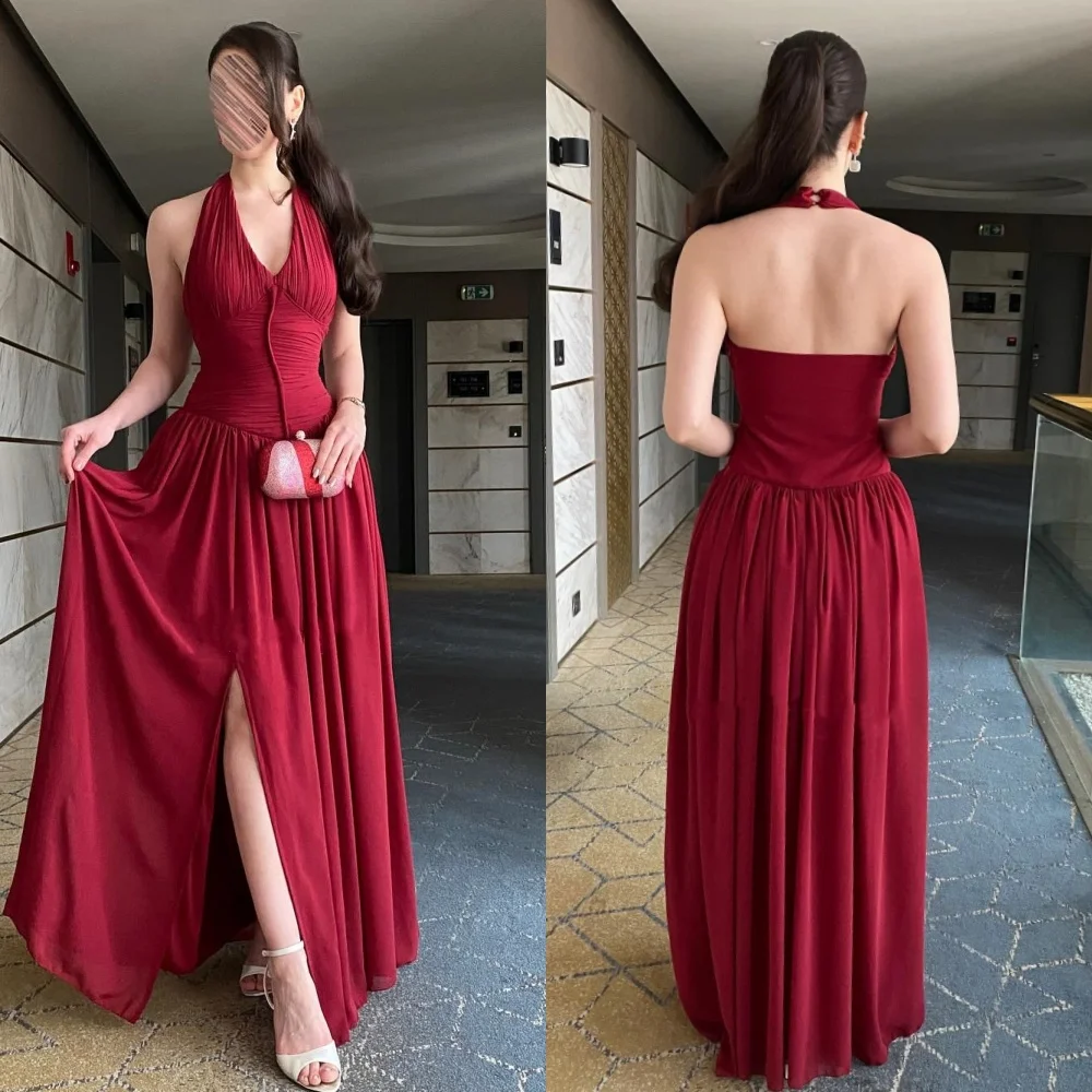 

Customized Chinese Style Chiffon Draped Pleat A-line Halter Long Dresses Bespoke Occasion Dresses Classic Retro Elegant Matching