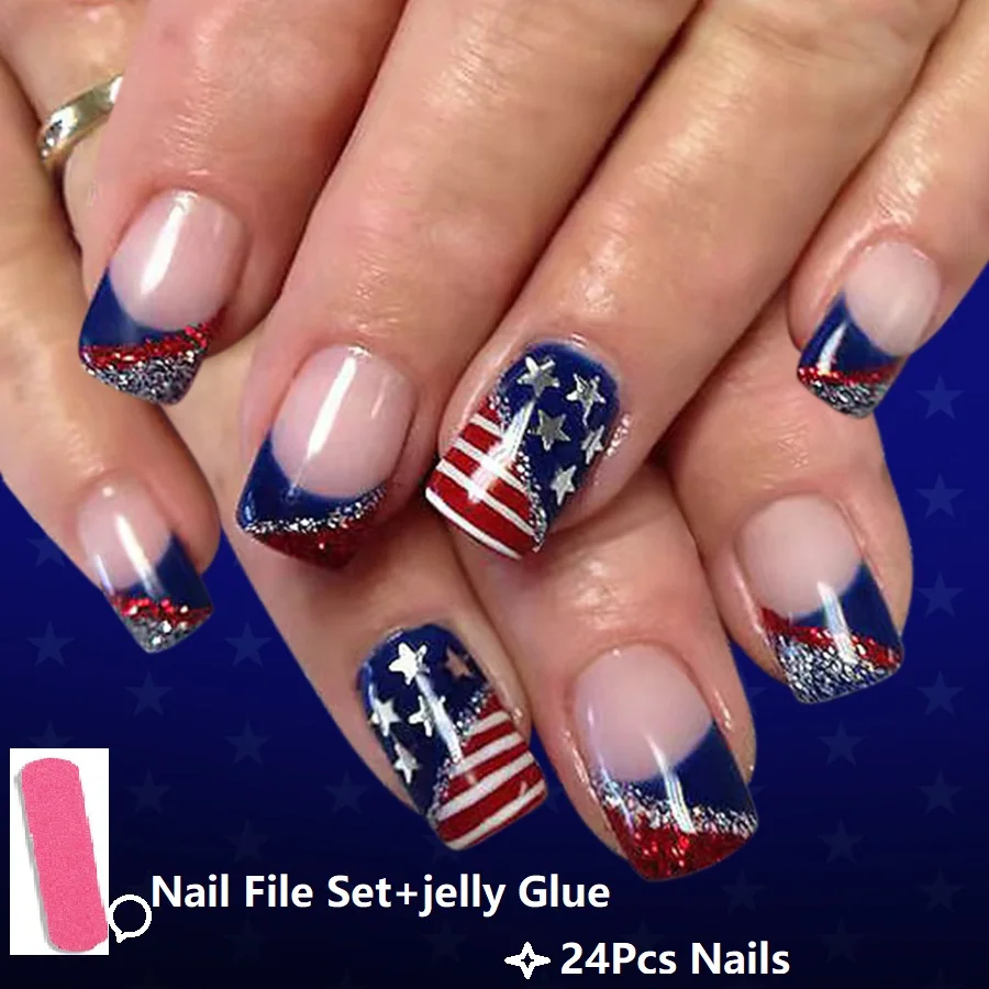 

Короткие квадратные накладные ногти с дизайном американского флага и блестками для Дня независимости США