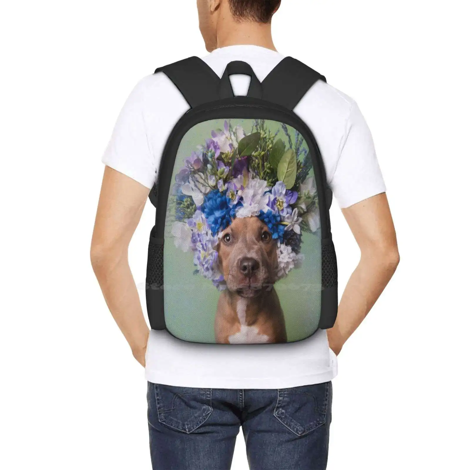 Flower Power , Kyla School Bags For Teenage Girls Laptop Travel Bags Pit Bull Flowers Dog Rescue Shelter Love Flower Crown