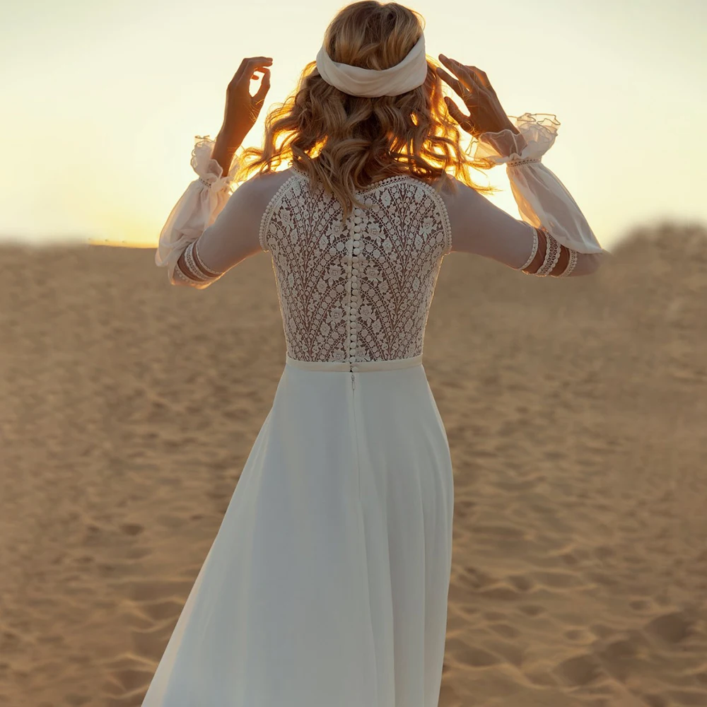 Vestido De novia De manga larga con espalda baja, traje De novia con apliques De encaje De tul bohemio