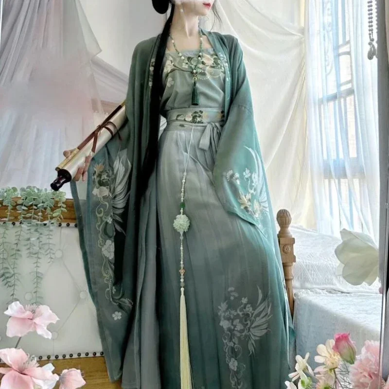 

Hanfu Dress Women Chinese Traditional Vintage Hanfu Female Halloween Cosplay Costume Printed Hanfu Green 3pcs Sets Plus Size XL