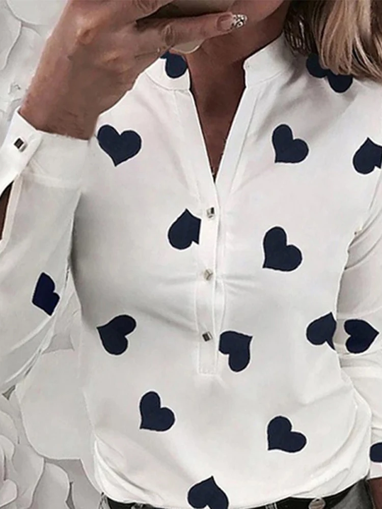 Women\'s Flower Heart Print Blouse 2024 Fashion Spring Summer Casual Long Sleeve V Neck Shirt Ladies Elegant Buttons Dating Tops