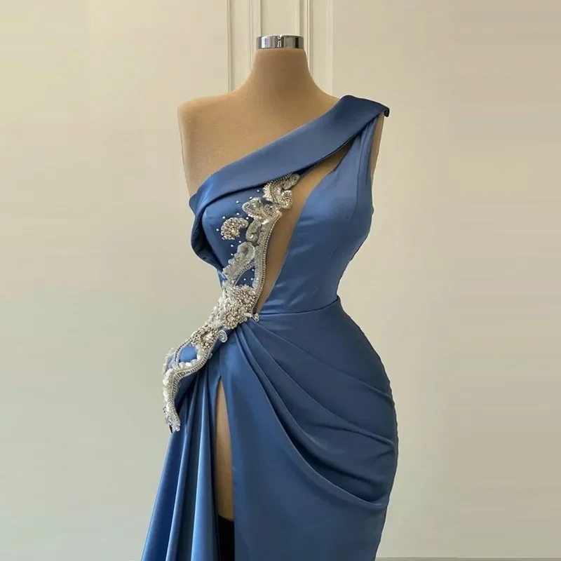 Large Sexy Hollow Out Split Blue Evening Dresses Women Mermaid One Shoulder Sleeve Prom Gown Beaded Applique Elegant Party Robe