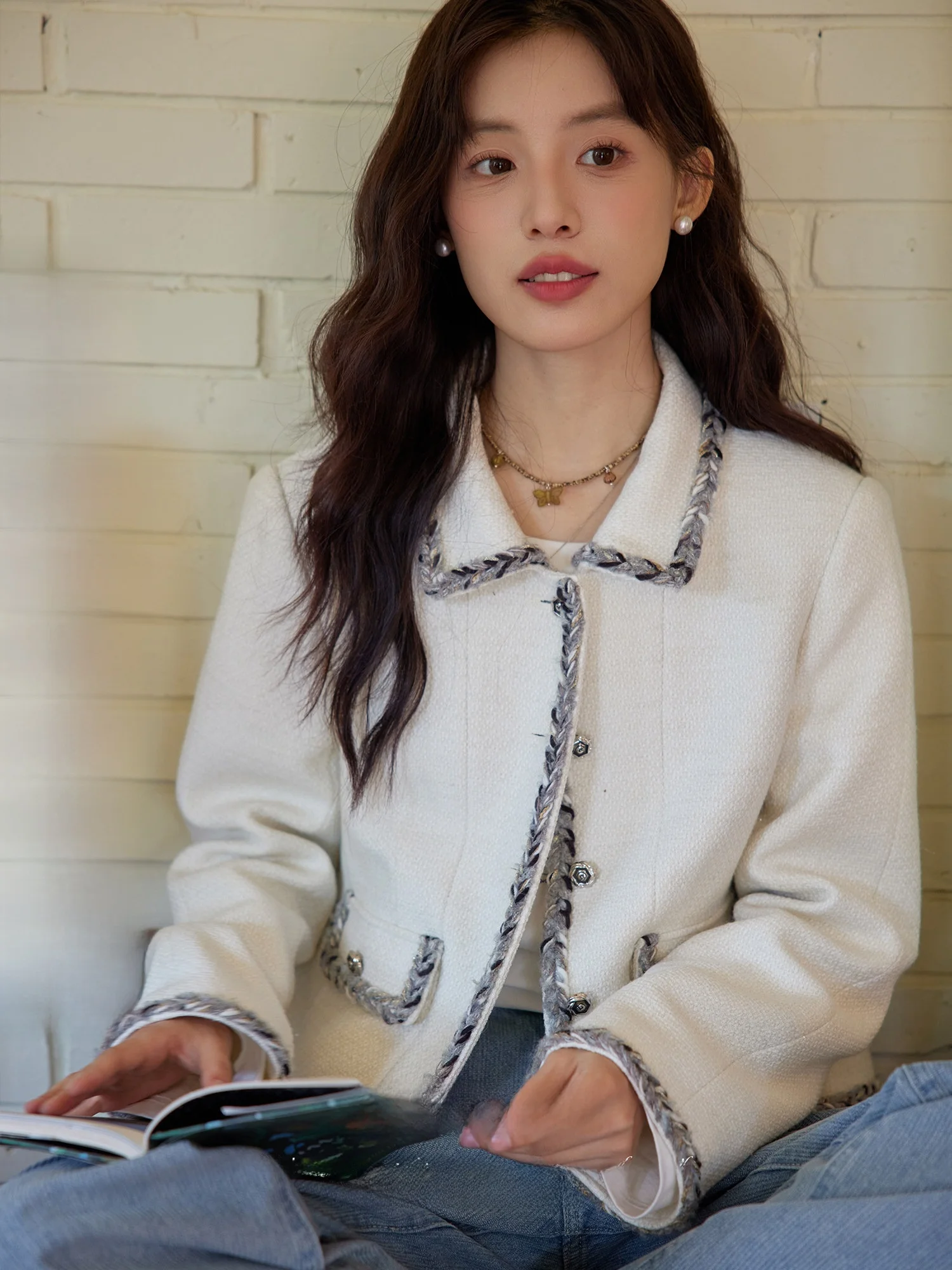 

ORWhite Retro Knitted ort Coat Women's Faion Autumn Winter Beige Color Blo Straight Cut Long Sve Button up Coat