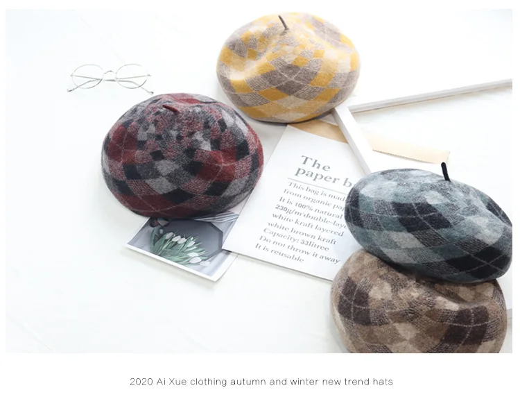 Mode Top Qualität Frau Winter Hut Für Frauen Wolle Plaid Baskenmütze Weibliche Weiche 100% Wolle Hut Frauen Echte Wolle Boina Geschenk Großhandel – Detail 9