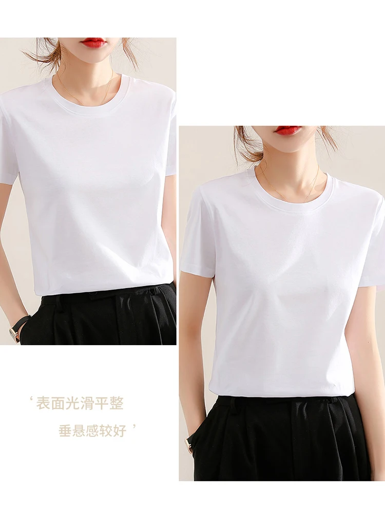 Sommer Hohe Qualität Reine Mercerisierter Baumwolle T-shirts frauen Lose Rundhals Kurzarm T-stücke Weibliche T Shirt Einfarbig Tops – Detail 2