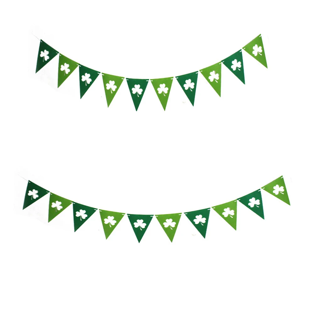 Green Hollow Lucky Irish Shamrock Clover Fabric Triangle Banner Flag St. Patrick’s Day Party Shamrock Garland Hanging Decoration