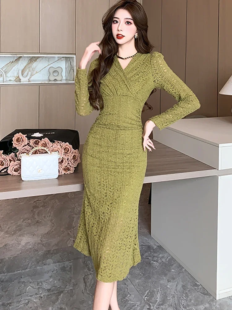 2024 Green Lace Hook Flower Hollow Out Long Dress Autumn Winter Long Sleeve V-Neck Dress Women Casual Chic Ruffled Mermaid Dress