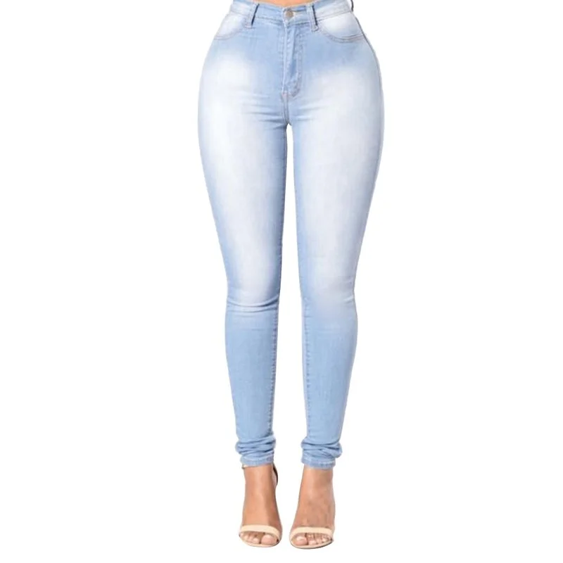 

Women Skinny Slim Washed Denim Long Pencil Pants 2021 Fashion Denim Skinny Trousers High Waist Jean Trousers for Female Sky Blue