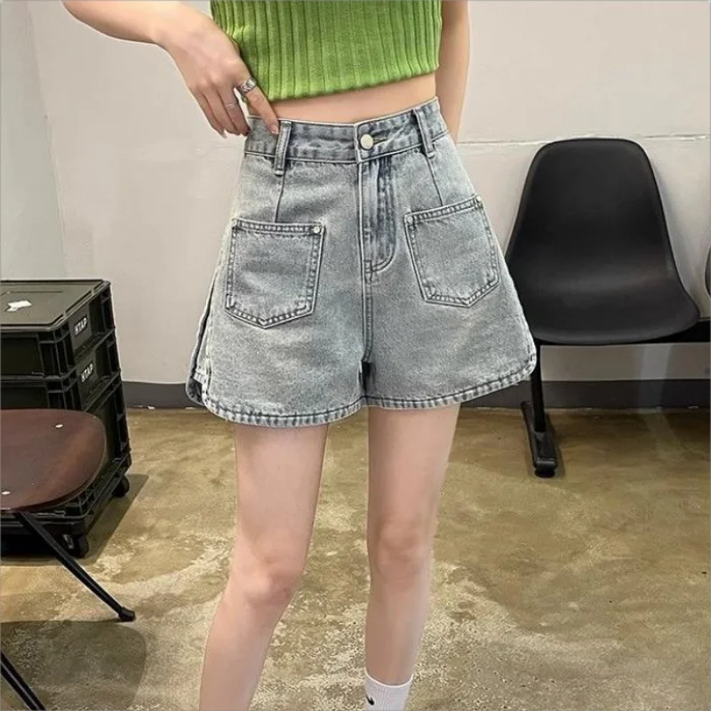 High-waisted denim shorts Women's summer thin 2024 new design sense split plus size slim A-line shorts