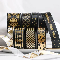 10 Yards/Roll Black Gold Ribbon 22mm Gilded Ribbons For Bow Gift Wrapping Wedding Christmas Flower Hat Hair Ornament DIY Crafts