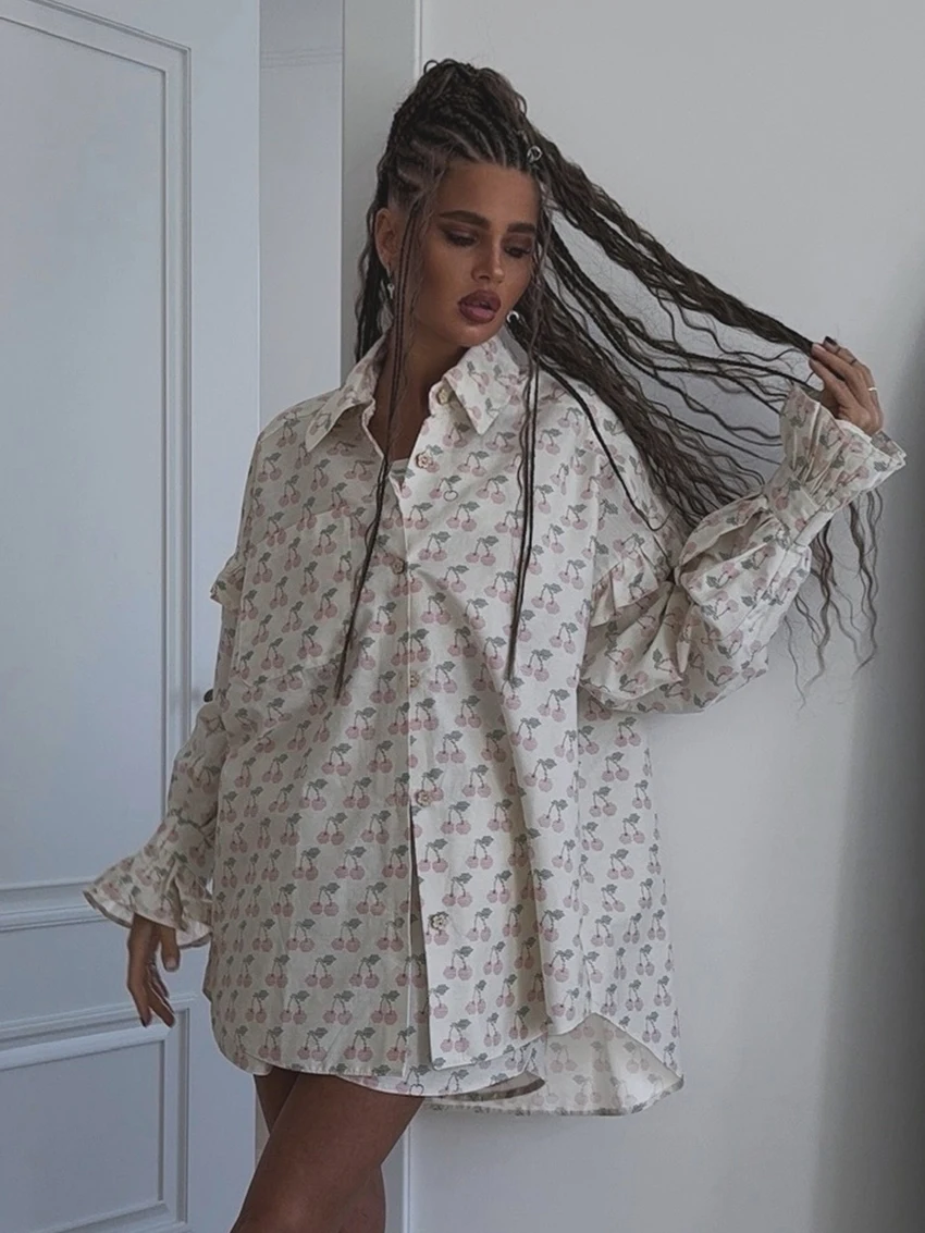 Marthaqiqi Printing Female Pajama Suit Long Sleeve Robe Turn-Down Collar Sleepwear Tank Top Nightwear Shorts Nightie 3 Piece Set