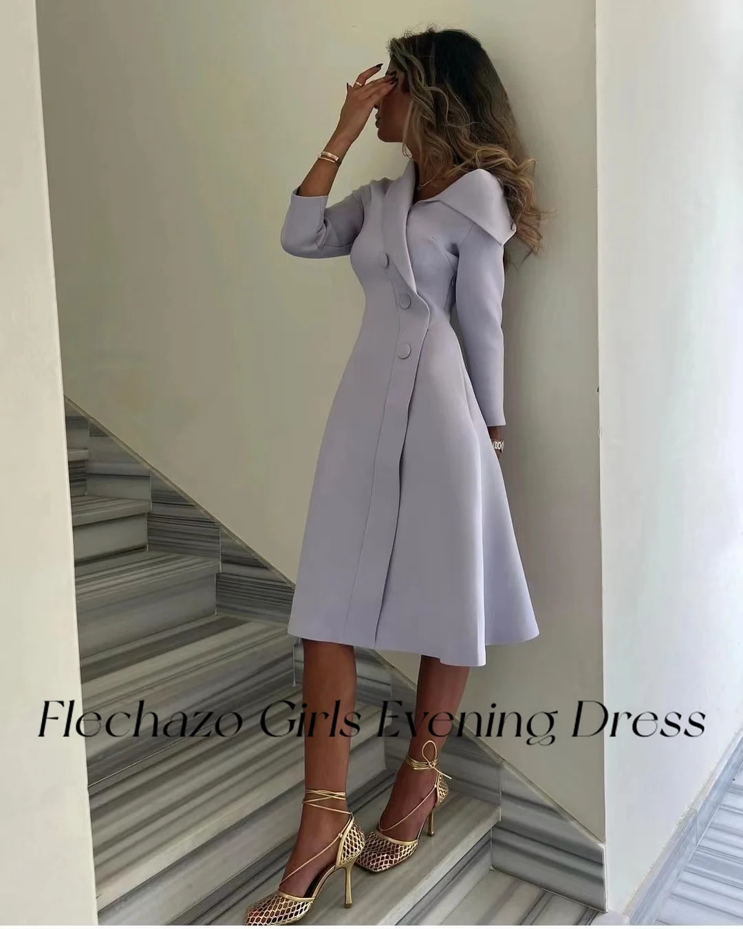 Flechazo Light Purple Evening Dresses V Neck Knee-Length A Line Button Formal Occasion Party Dress For Women 2024 robe de soirée