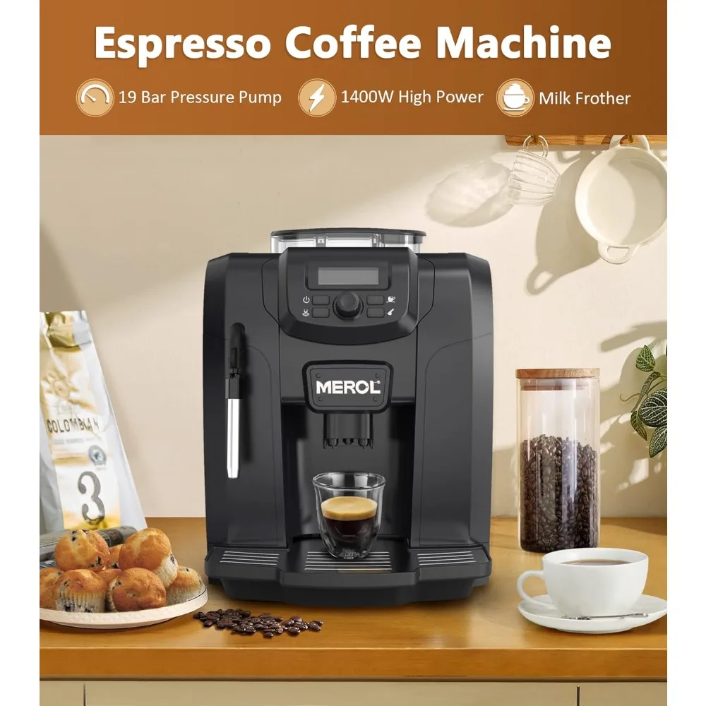 Fully Automatic Espresso Coffee Machine, 19 Bar Cafe Maker Built-in Adjustable Grinder and Manual Milk Frother Steam Wand