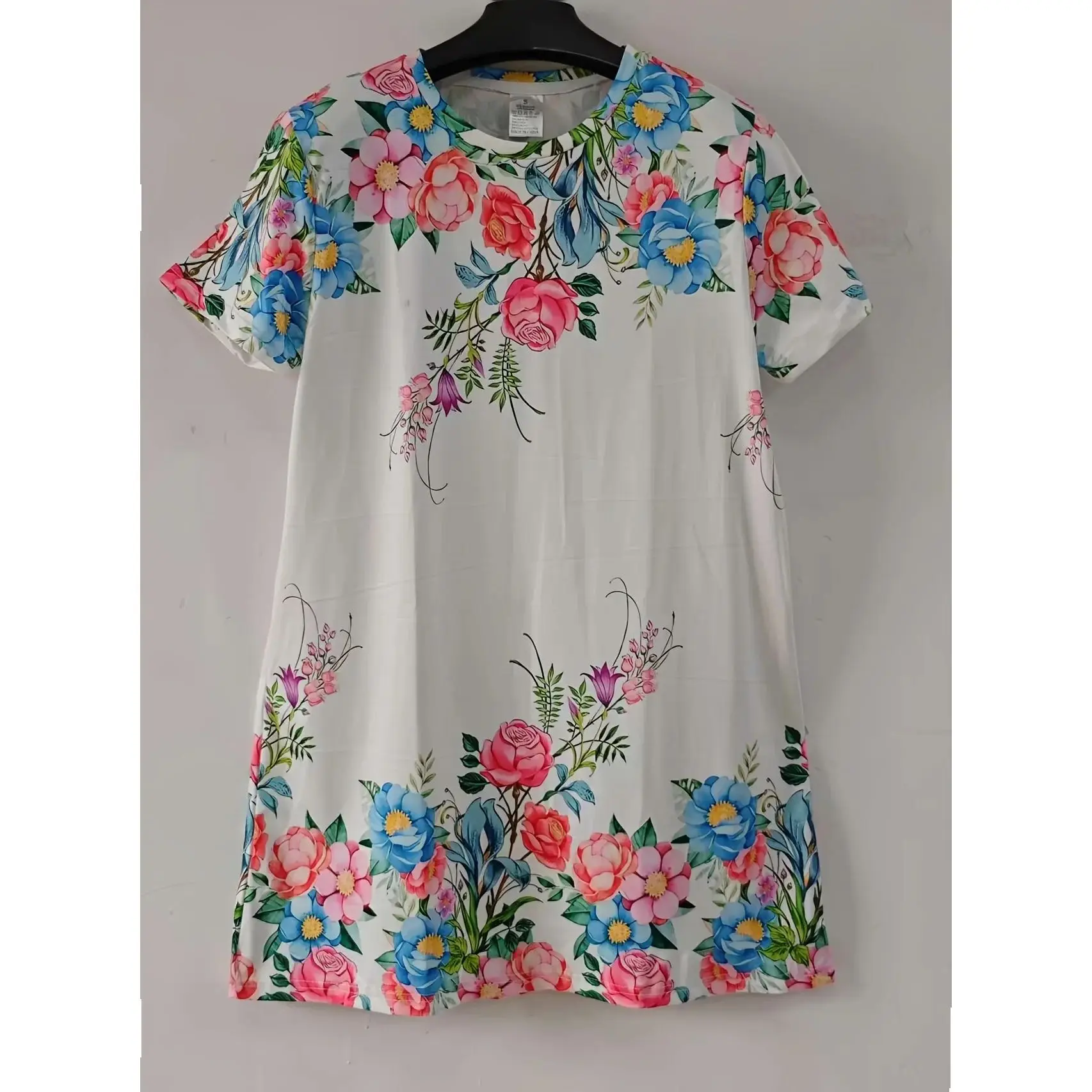 Women'S Floral Print Short Sleeve Mini Dress Casual Loose Fit Summer Dress with Vibrant Flowers Perfect for Streetwear Y2k Cloth