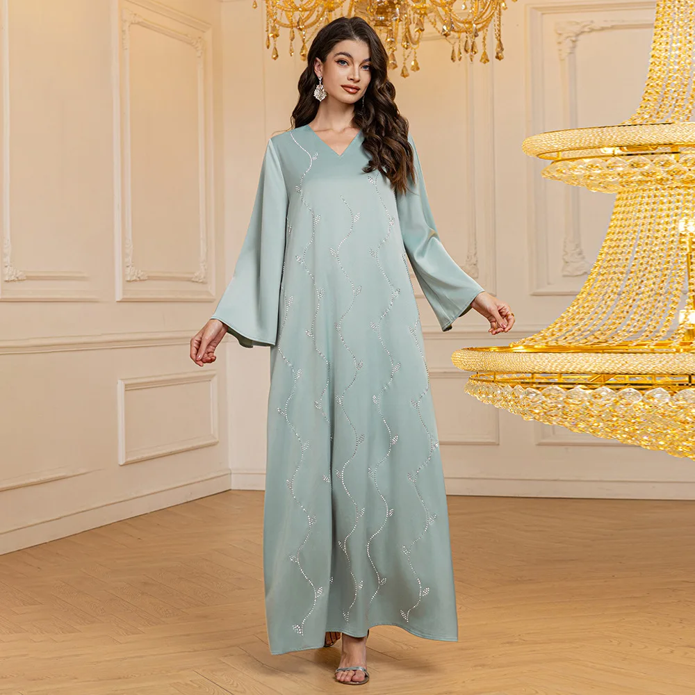 

Eid Djellaba Satin Diamonds Abayas for Women Muslim Long Dress Dubai Turkey Kaftan Kebaya Caftan Marocain Femme Robe Jalabiya