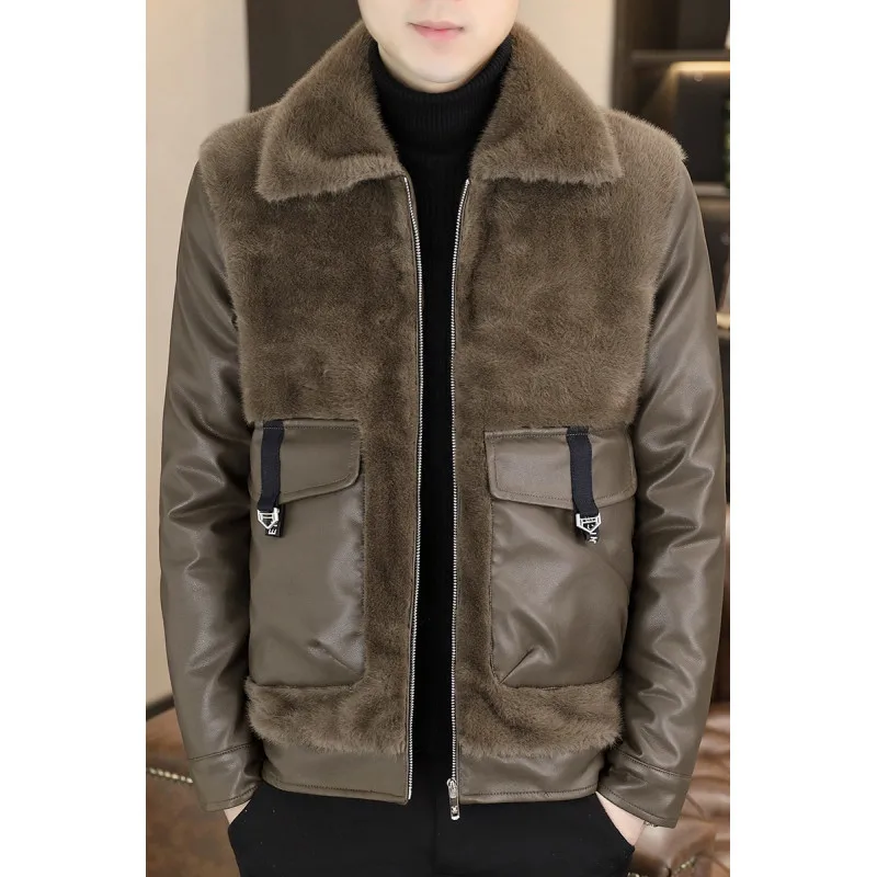 Winter Leather and Fur Integrated Jacket Men Thickened and Warm Faux Fur Jacket Casual Business Social Overcoat Men Clothing