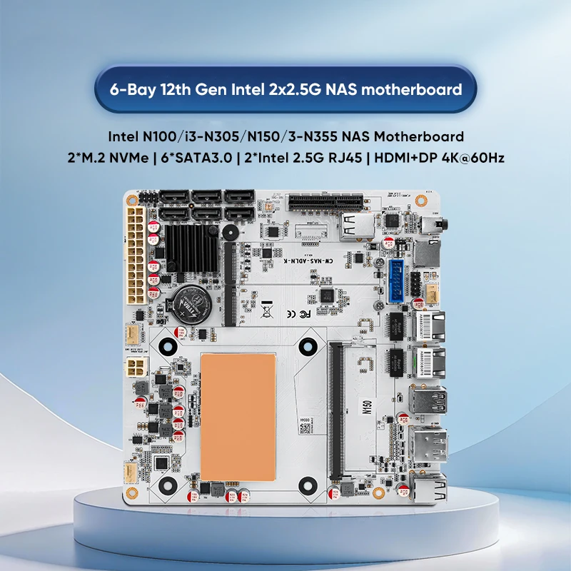6-bay Mini Itx Nas Firewall Motherboard N150 2.5g I226 2×m.2 Nvme 6×sata3.0 Ddr5 Server Mainboard