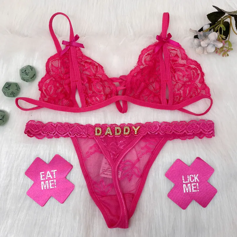 Tanga personalizada com nome Lace Lingerie Bra Set, calcinha Hotwife, personalizado strass letras Bikini, presentes sexy Tanga