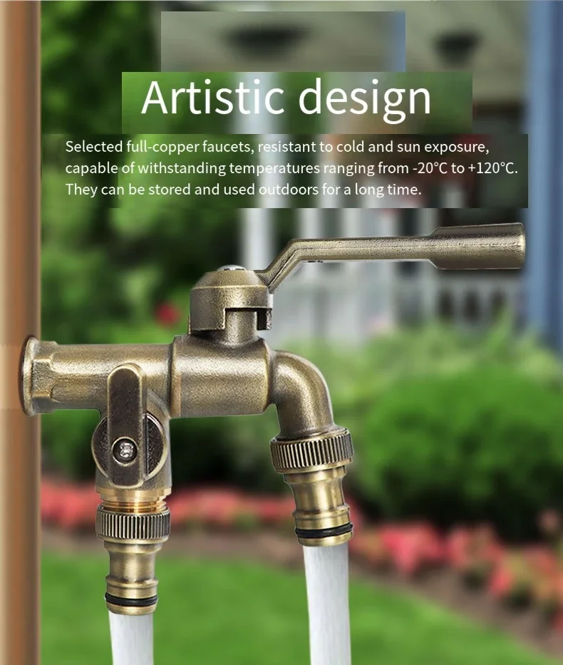All-copper Outdoor Anti-freezing Faucet with One Inlet and Two Outlets Dual Water Outlets, 1/2*1/2*1/2 Thickened Garden Watering