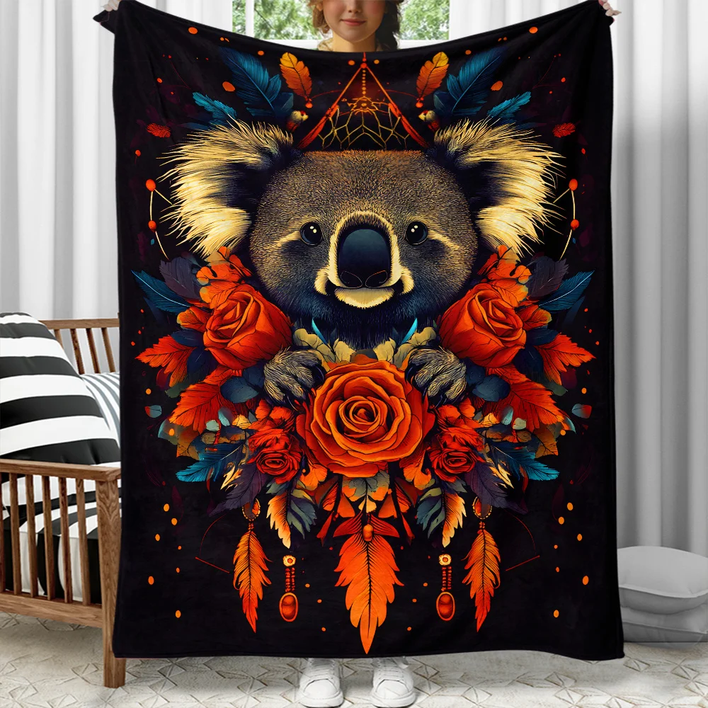 1pc Koala bear red roses feathers dreamcatcher tribal art flannel blanket unique animal nature themed blanket for home decor